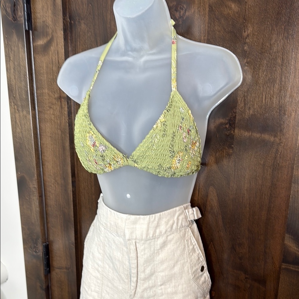 Chic Olive Bikini Top with Floral Details